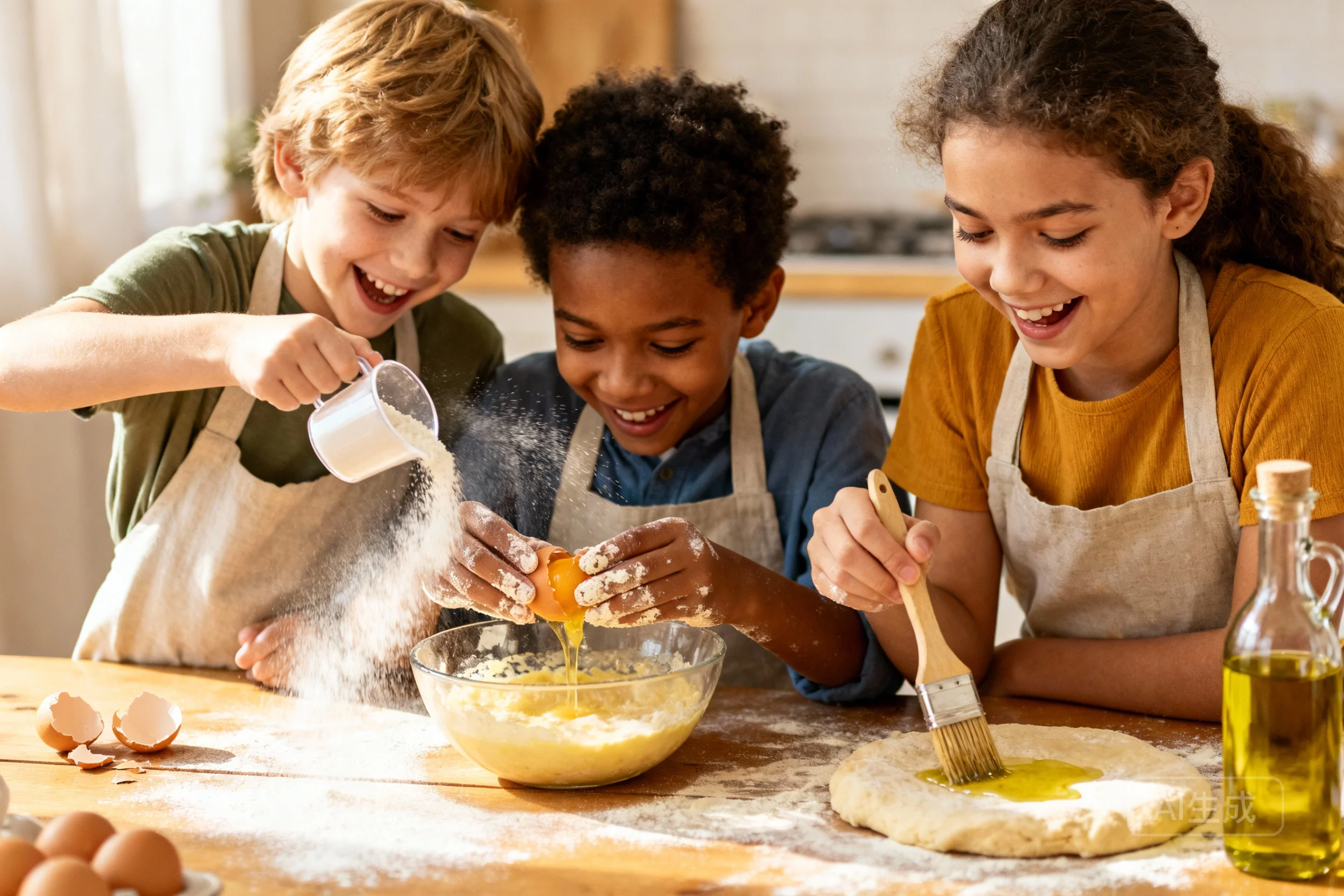 Happy children cooking with real tools