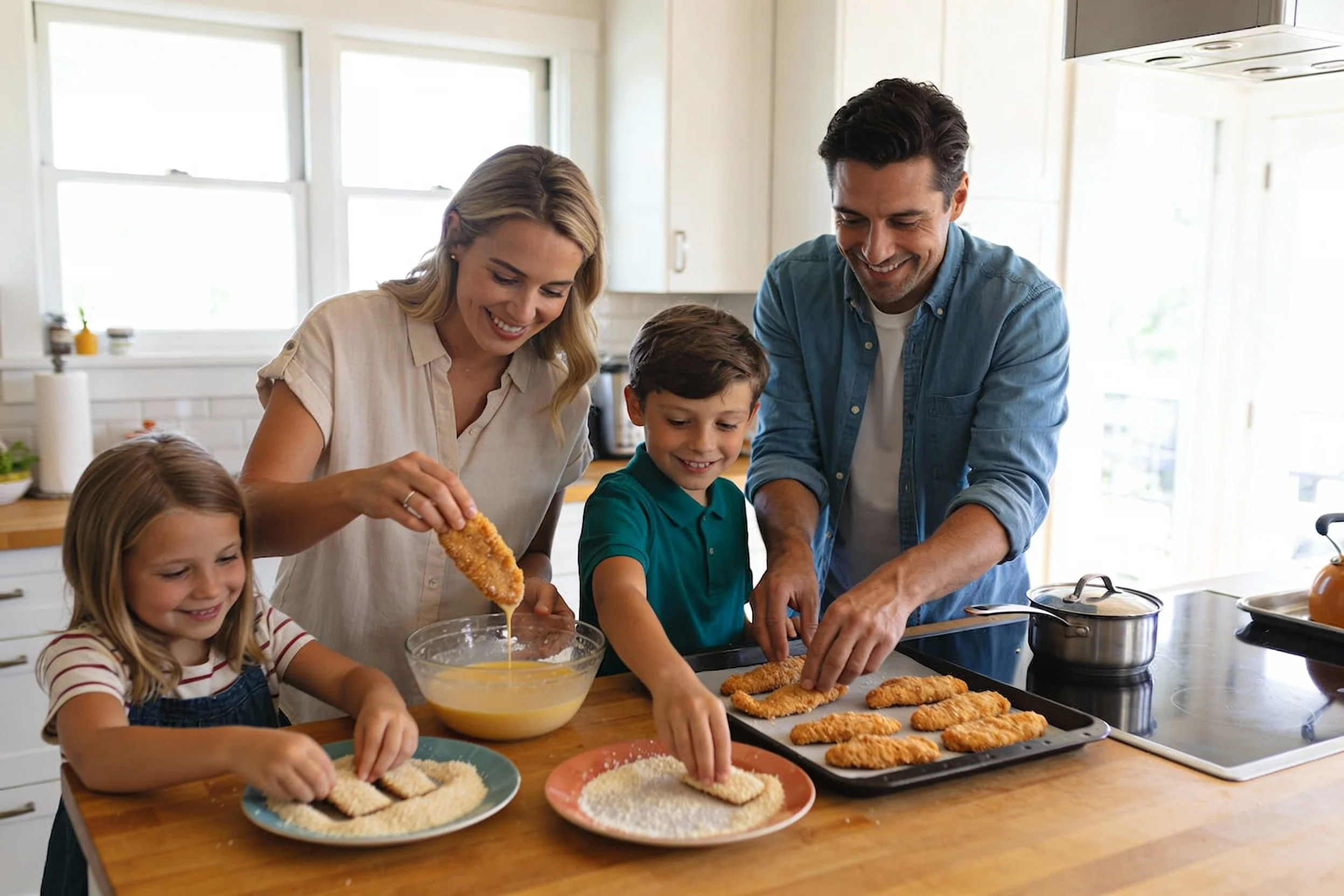 Family cooking chicken tenders together