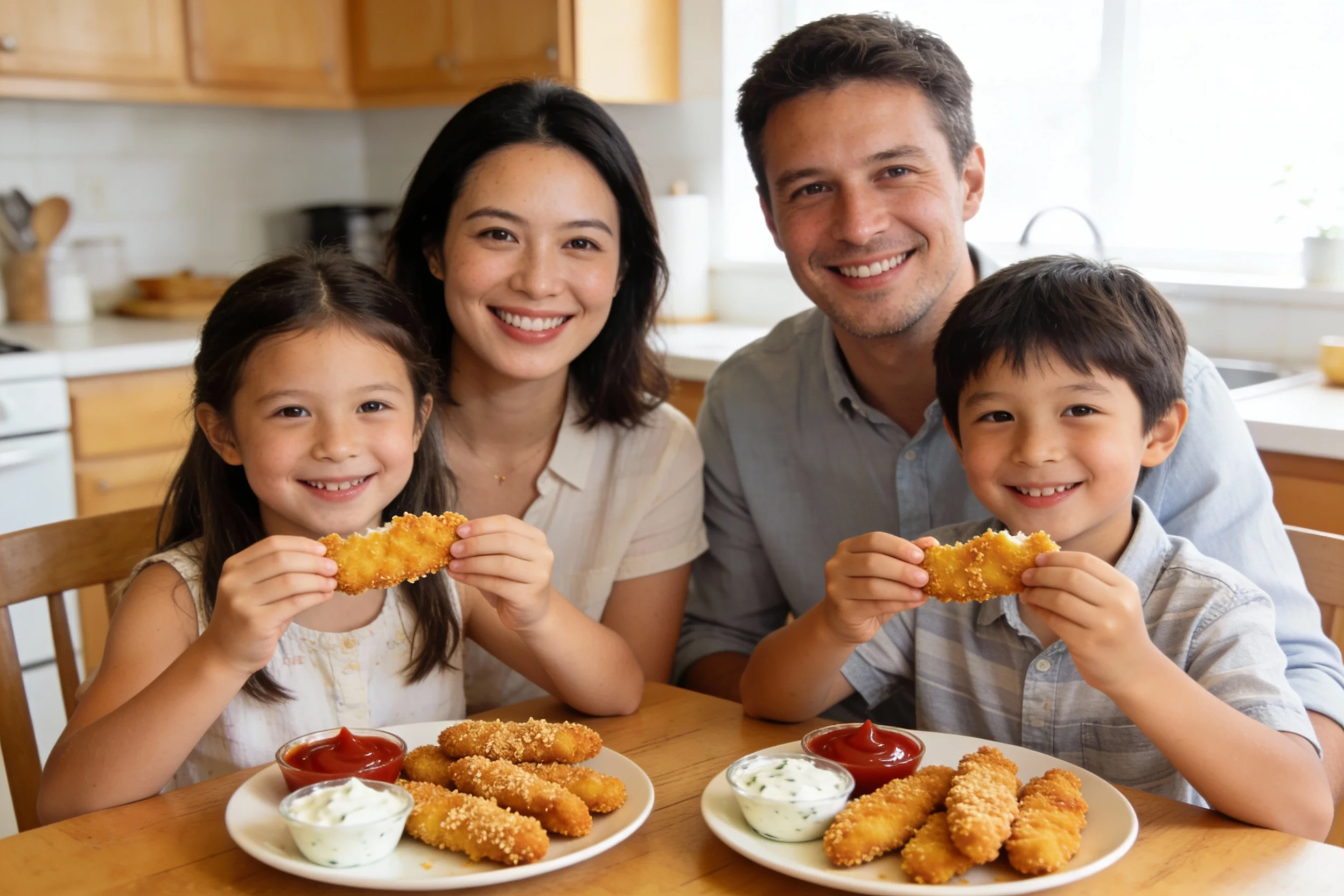 Family enjoying homemade chicken tenders