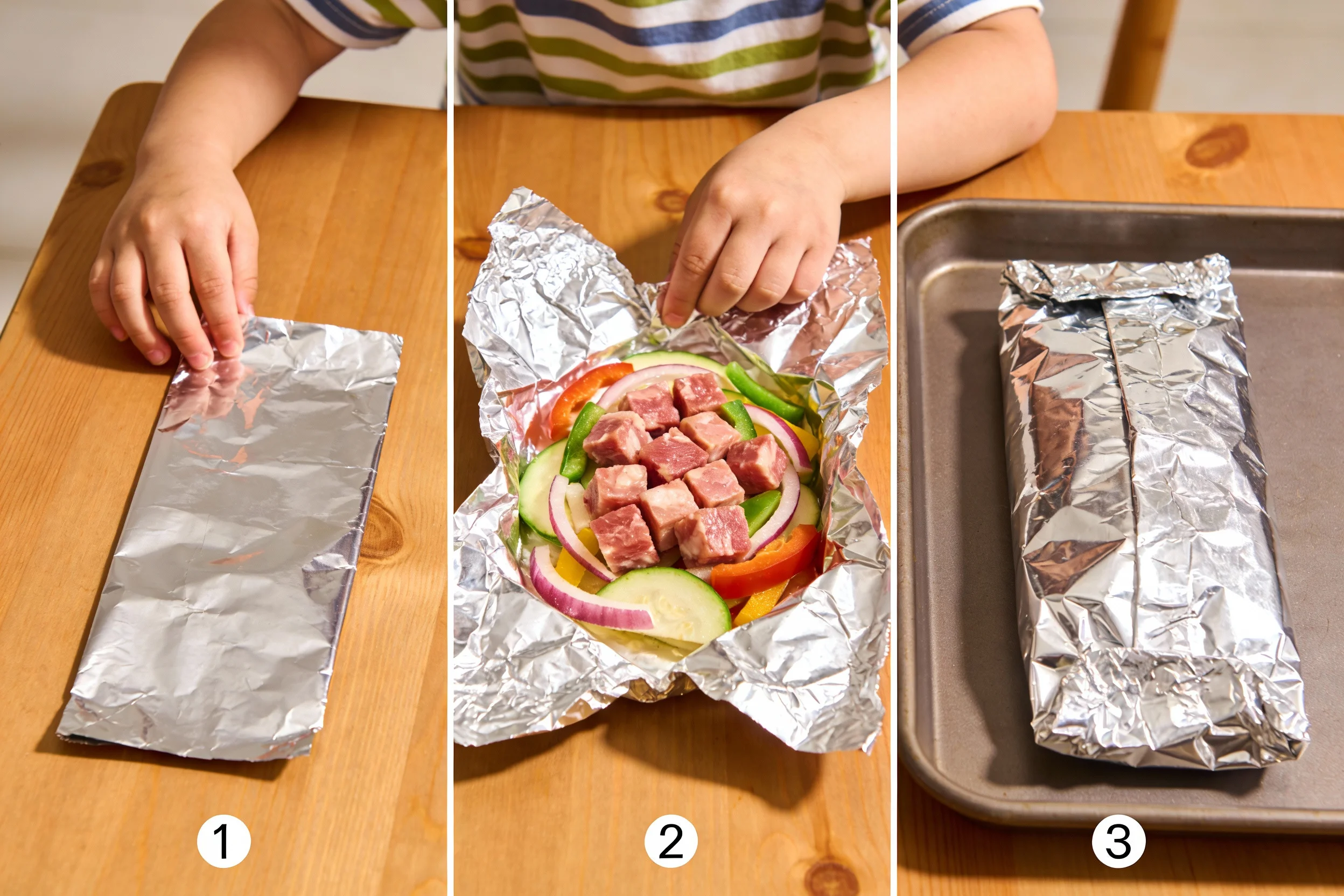 Diagram showing steps to assemble a foil packet