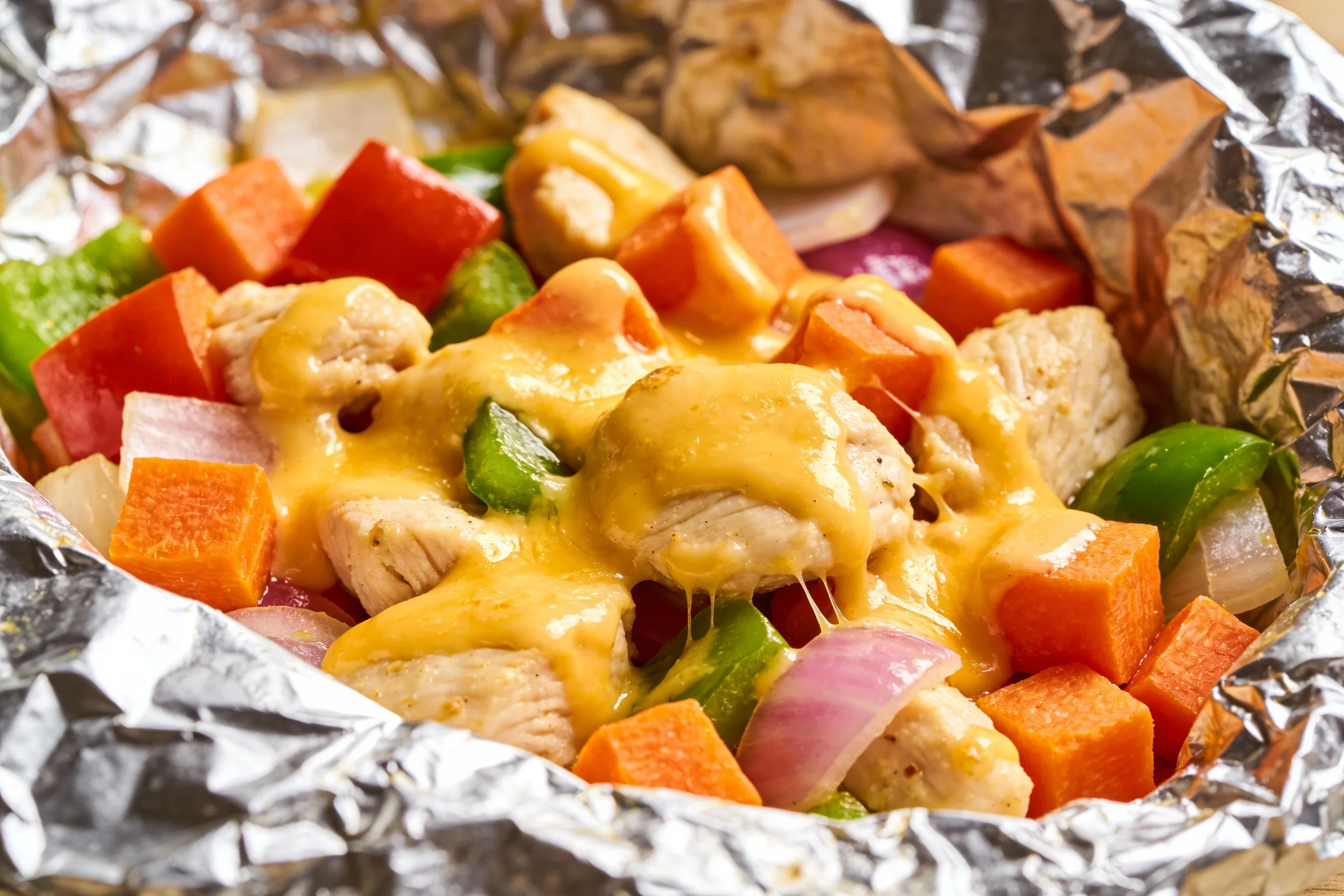 Cheesy chicken and veggie foil packet