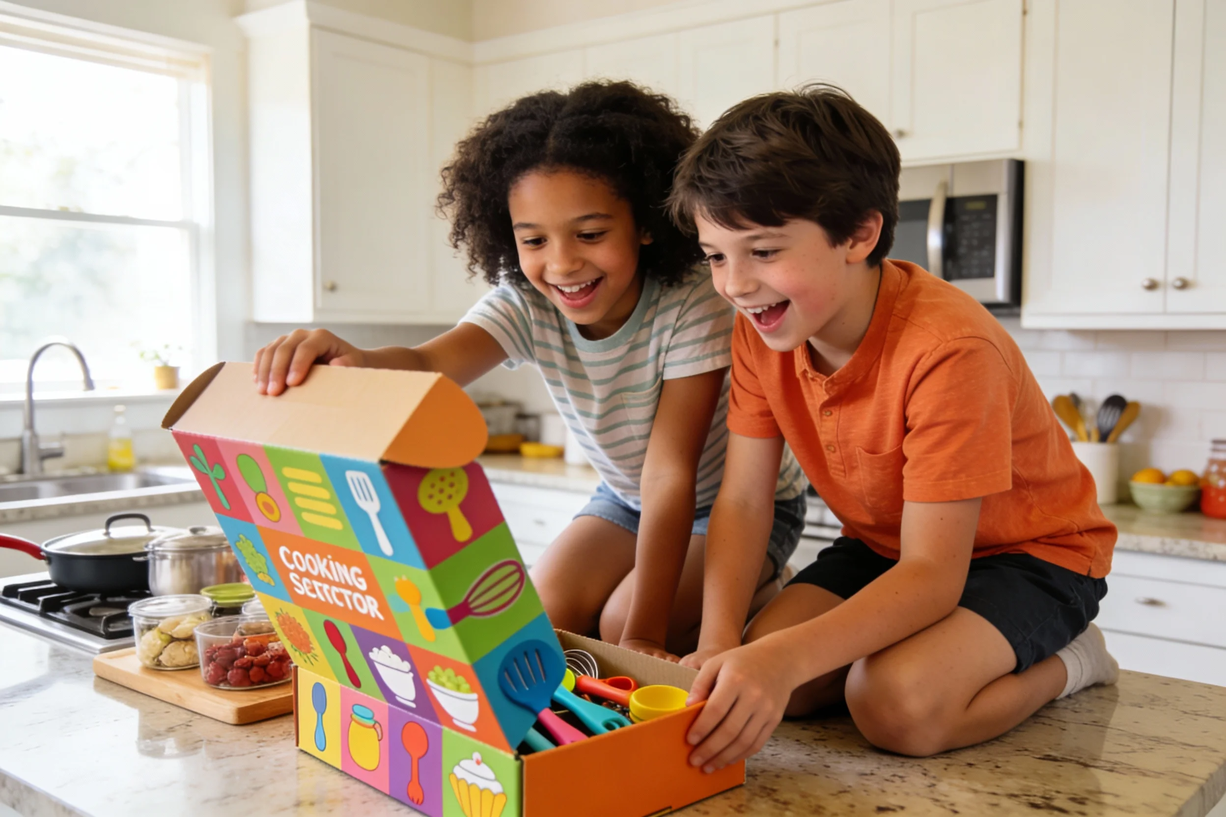 Kids opening a cooking subscription box