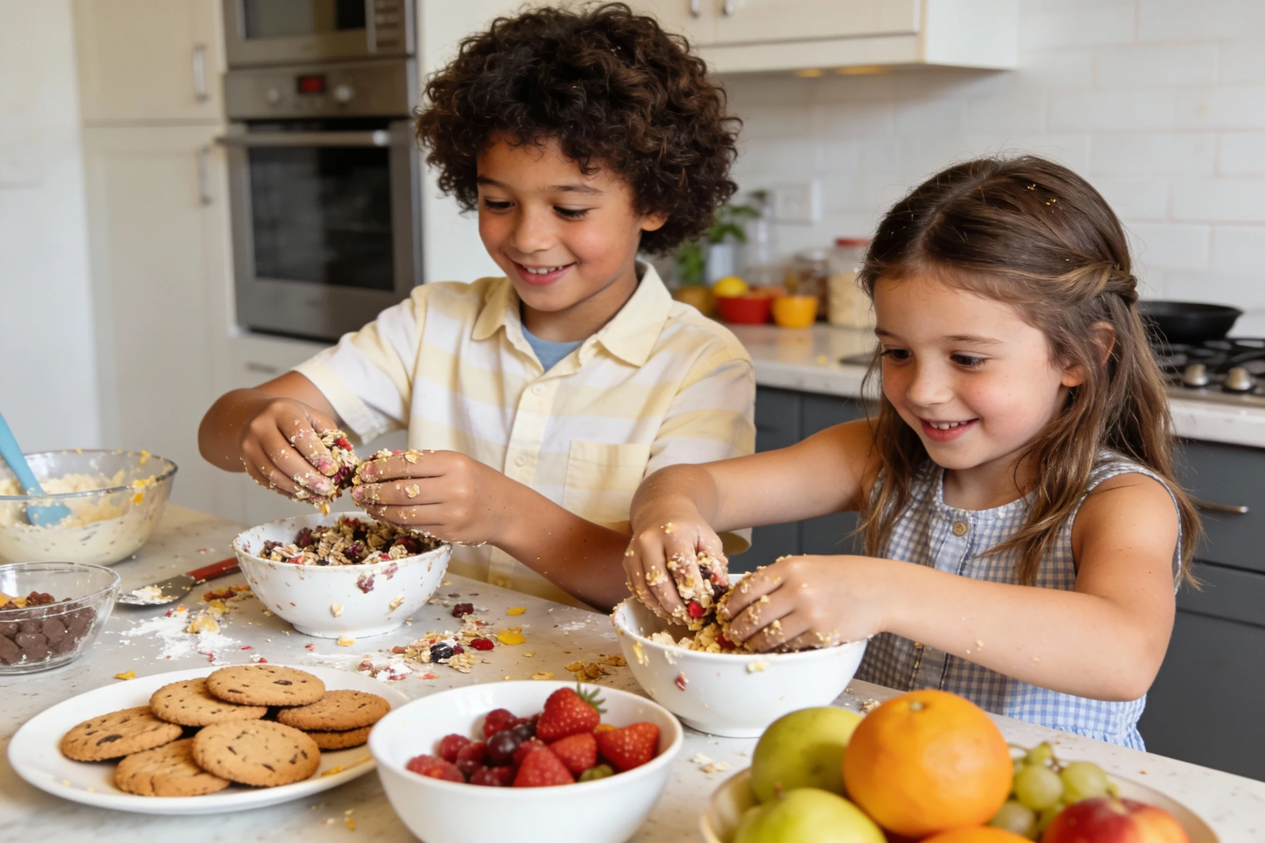 Children happily preparing no-bake recipes