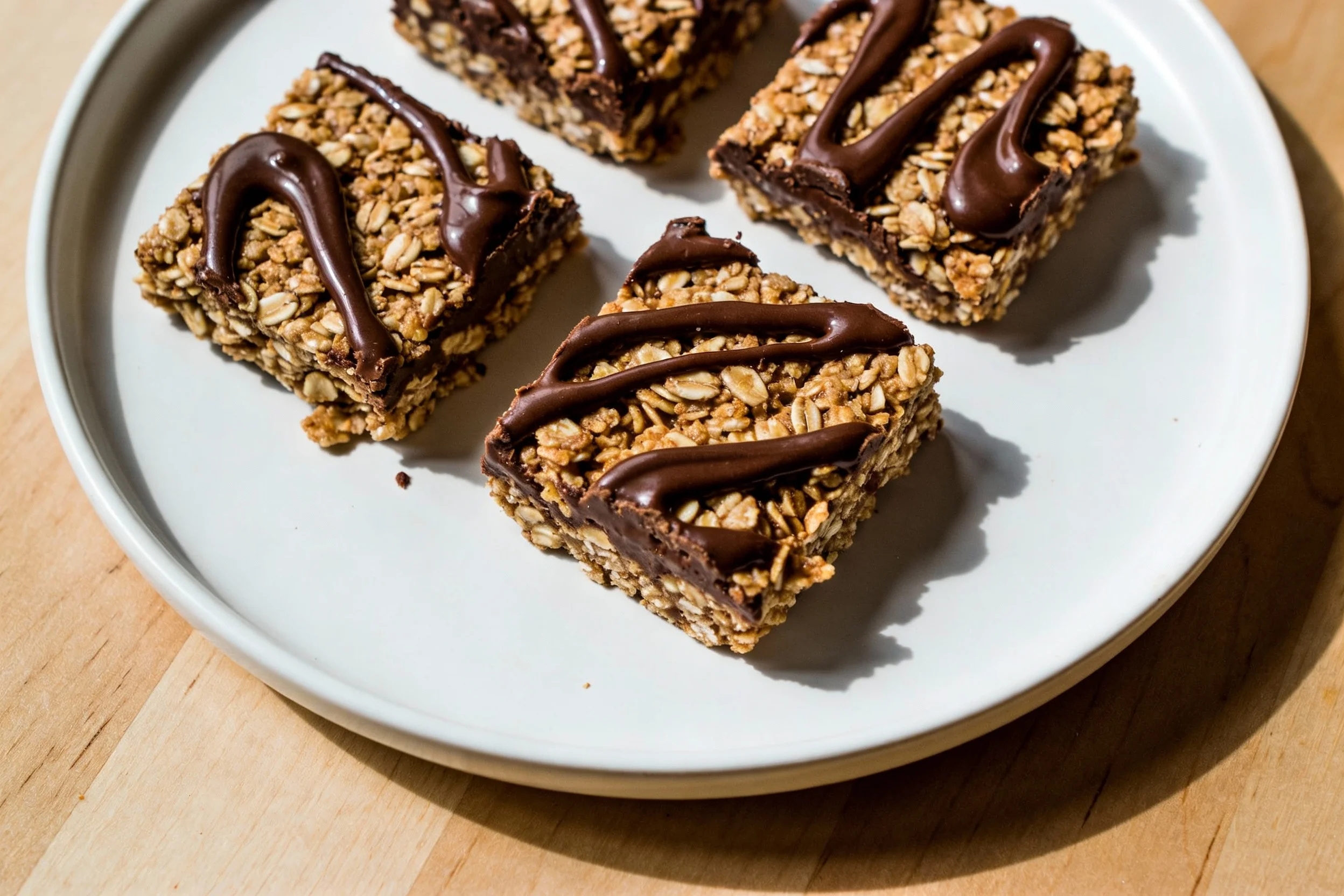 No-bake chocolate oat bars on a plate