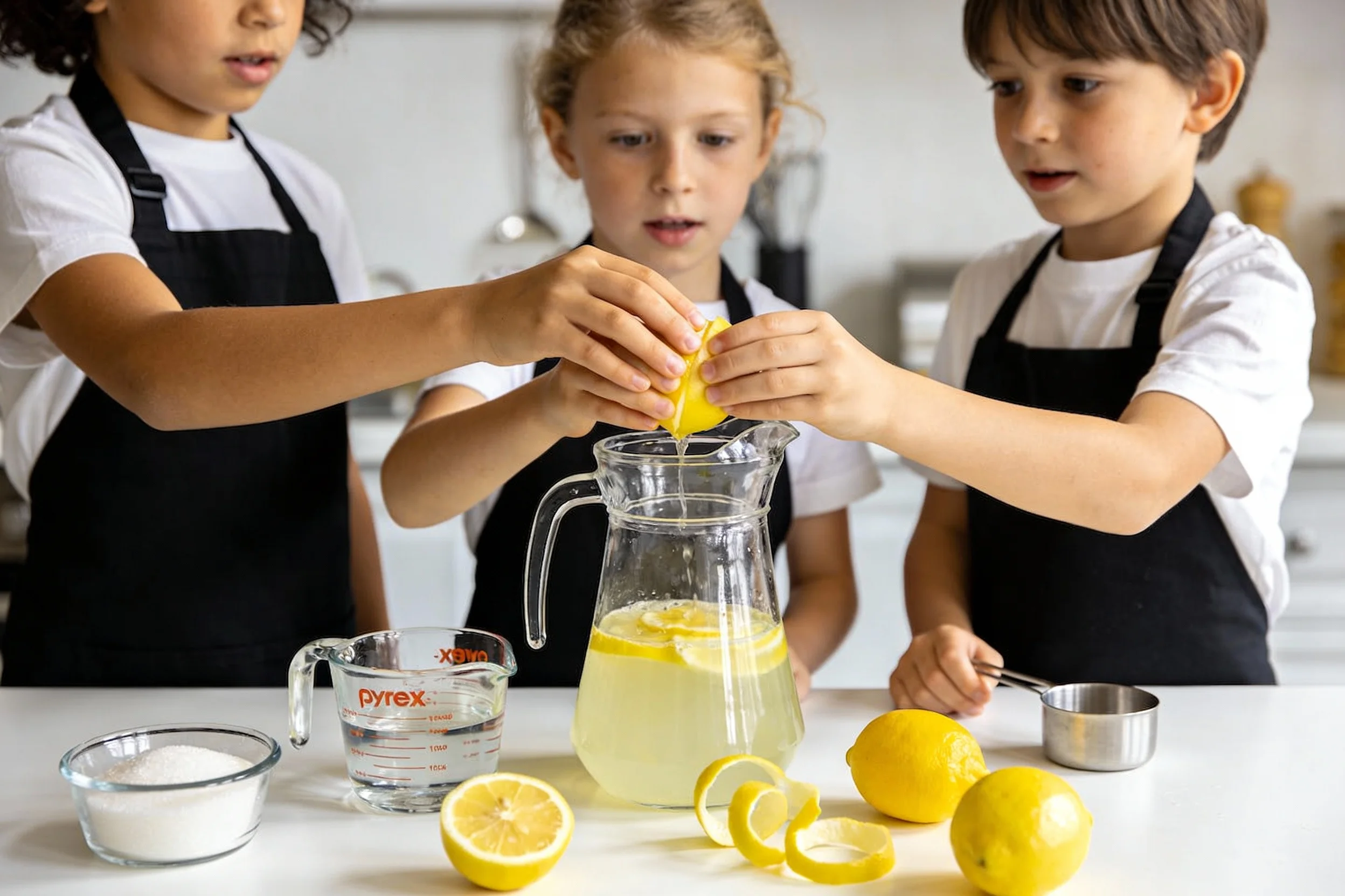 Kids experimenting with lemonade ingredients