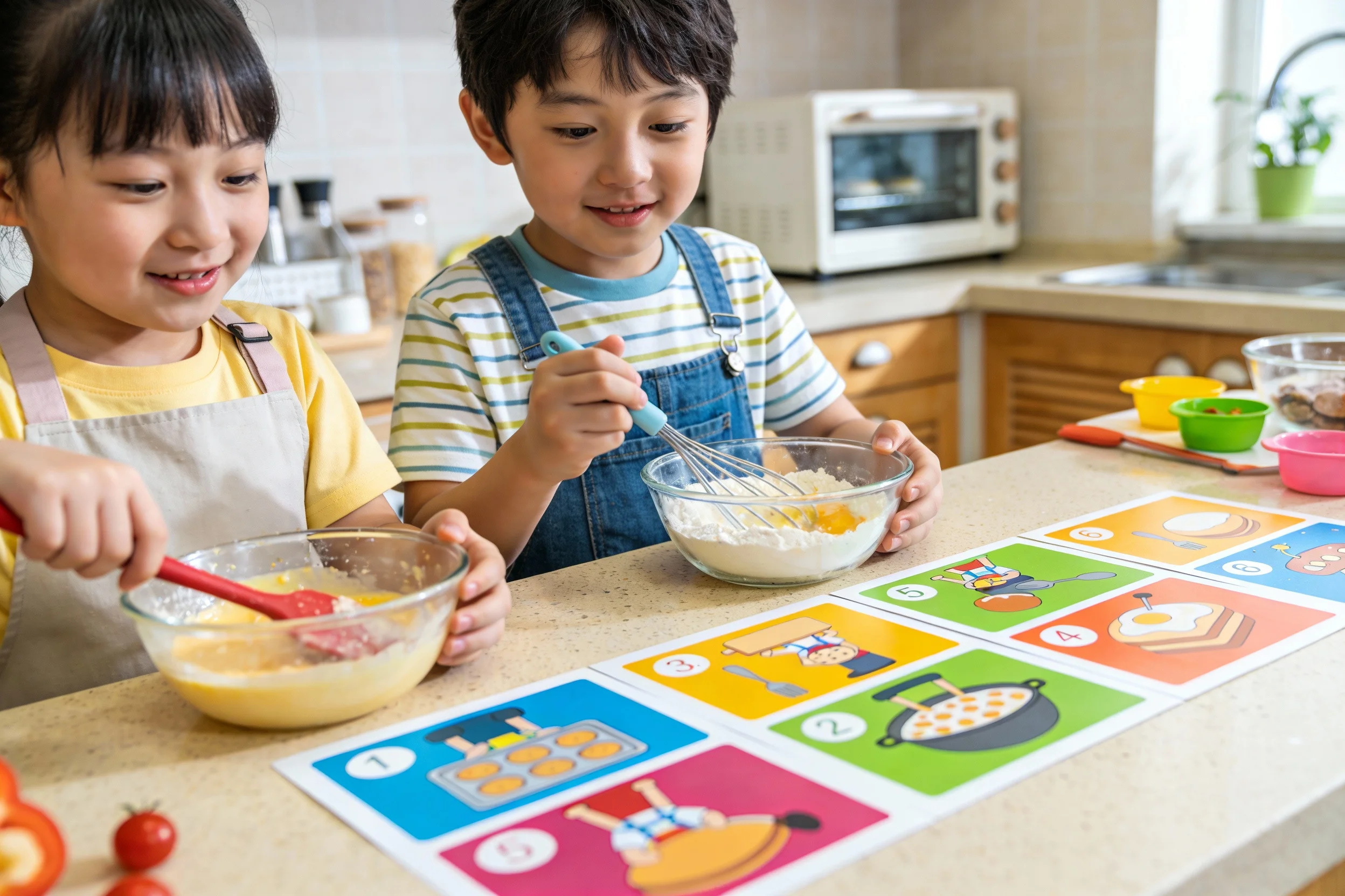 Children using visual recipes in the kitchen
