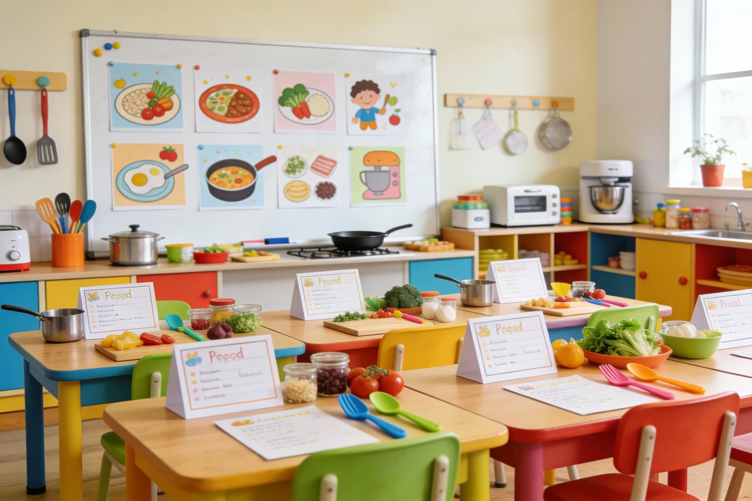 Classroom using visual recipes for a cooking lesson