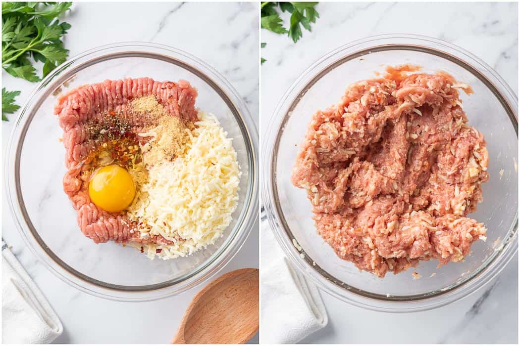 before and after mixing the the meatball ingredients