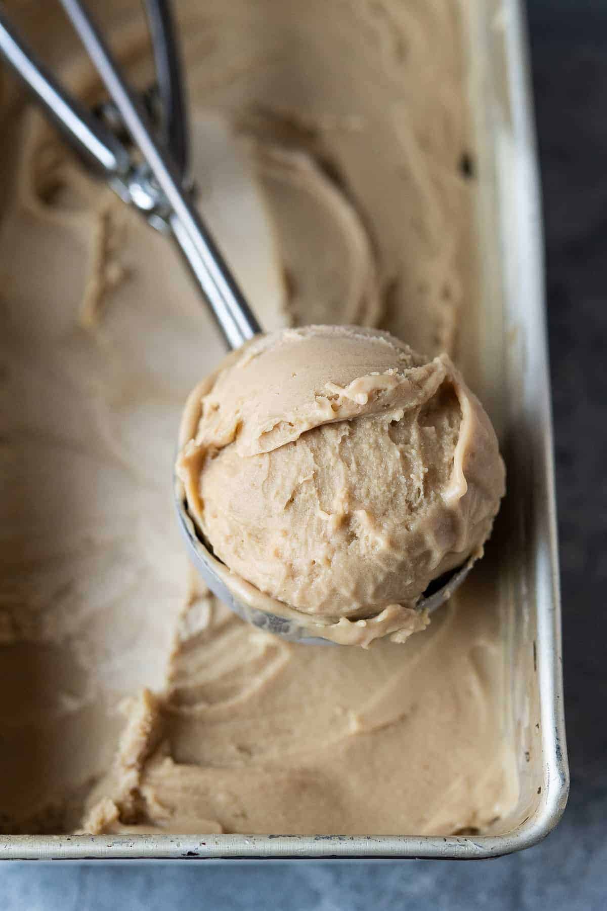 close up of a scoopful of Biscoff ice cream